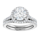 14K Gold Round Cut Halo Diamond Engagement Ring with Hidden Bezel and Matching Pavé Band